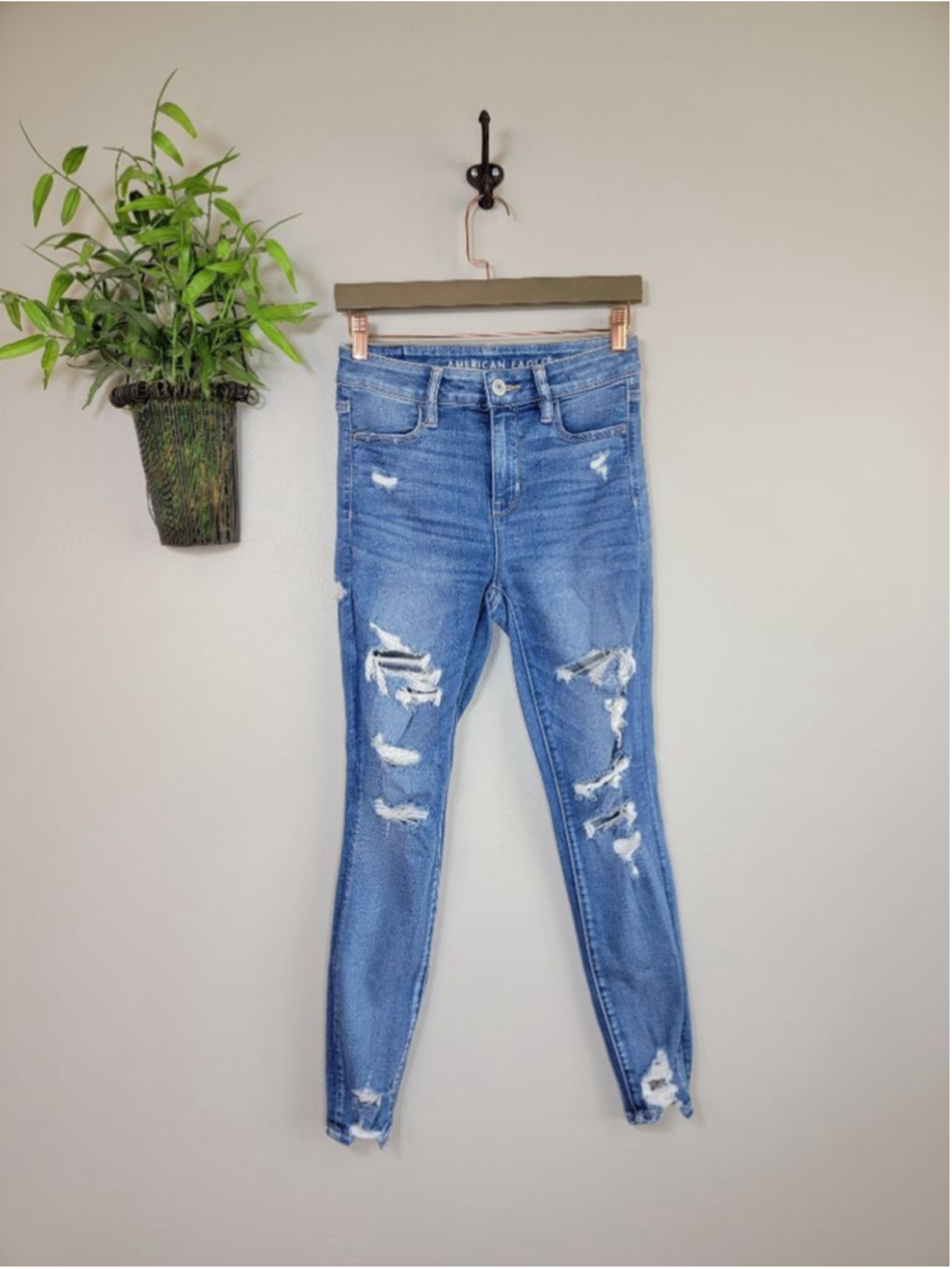 AE 4 American Eagle Skinny High Rise Jeans Distressed Jeggings Medium Wash Raw